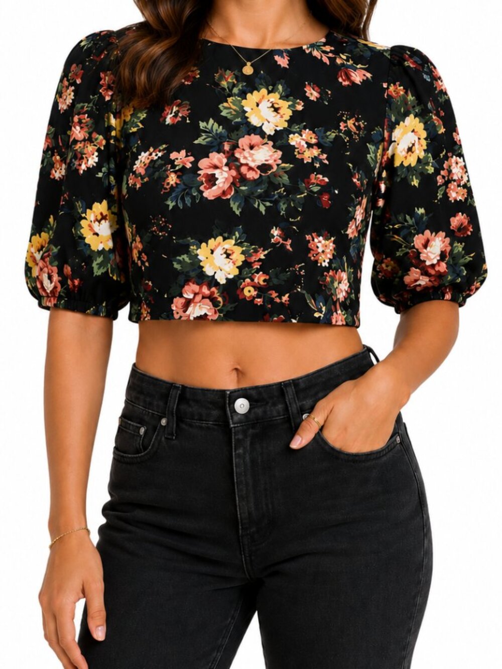 Shein Women's Black Floral High Neck Crop Top
